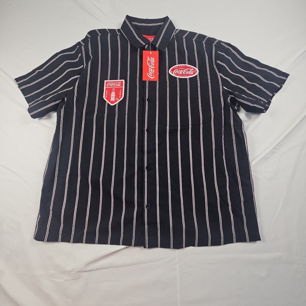 Men's Coca-Cola Retro Button Up Shirt Black Pinstripe Short Sleeve Logo Patches